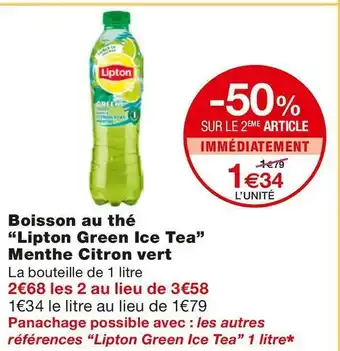 Monoprix Lipton boisson au thé menthe citron vert offre