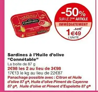 Monoprix Connétable sardines à l’huile d’olive offre