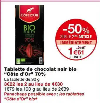 Monoprix Côte d’or tablette de chocolat noir bio 70% offre