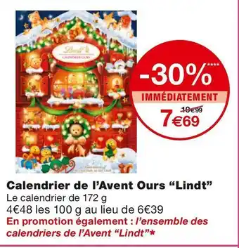 Monoprix Lindt calendrier de l’avent ours offre