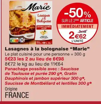 Monoprix Marie lasagnes à la bolognaise offre