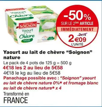 Monoprix Soignon yaourt au lait de chèvre offre