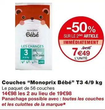 Monoprix Monoprix bébé couches t3 4/9 kg offre