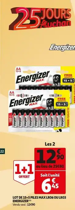 Auchan Energizer lot de 15+5 piles max lr06 ou lr03 offre
