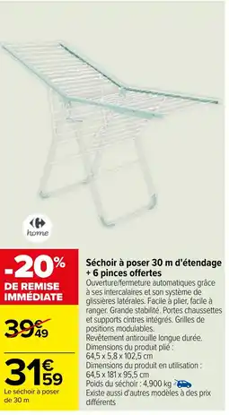 Carrefour Séchoir à poser 30 m d'étendage +6 pinces offertes offre