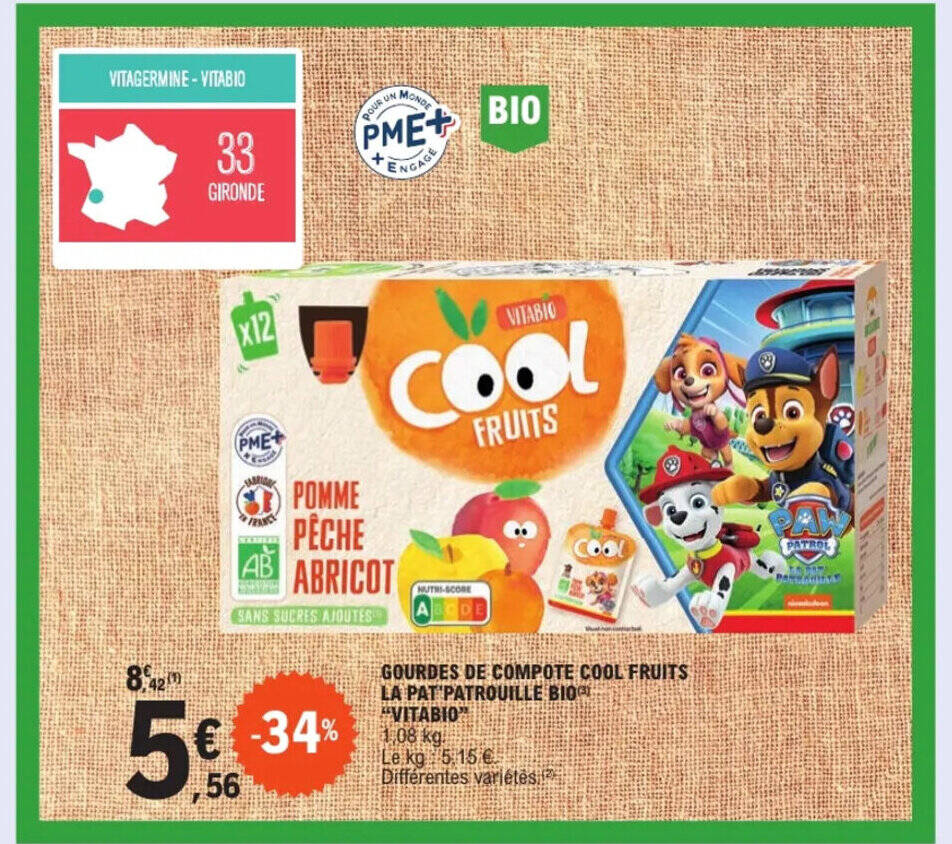 Promo GOURDES DE COMPOTE COOL FRUITS LA PAT PATROUILLE BIOG "VITABIO