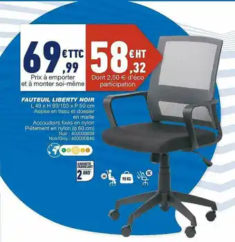 Bureau Vallée Fauteuil Liberty Noir offre