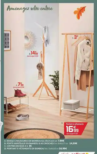Gifi Range Chaussures En Bambou, Porte Manteaux En Bambou 8 Accroches, Cintres En Bois X5, Portant à Vêtements En Bambou offre