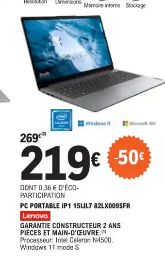 E.Leclerc PC PORTABLE IP1 15IJL7 82LX009SFR Lenovo offre