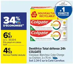 Carrefour Dentifrice Total défense 24h COLGATE offre