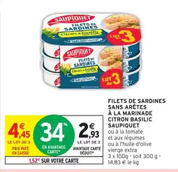 Intermarché FILETS DE SARDINES SANS ARÊTES À LA MARINADE CITRON BASILIC SAUPIQUET offre