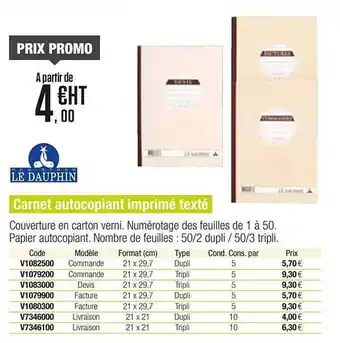Plein ciel Carnet Autocopiant Imprimé Texté Le Dauphin offre