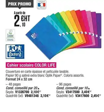 Plein ciel Cahier Scolaire Color Life Oxford offre