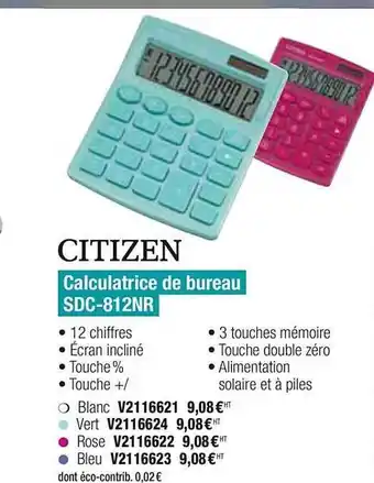 Plein ciel Calculatrice De Bureau Sdc-812nr Citizen offre