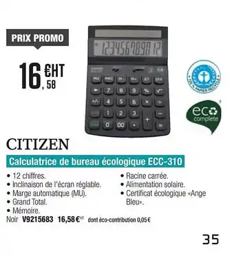 Plein ciel Calculatrice De Bureau écologique Ecc-310 Citizen offre