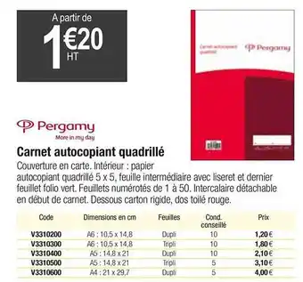 Carnet Autocopiant Quadrillé Pergamy