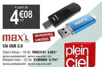 Plein ciel Clé Usb 2.0 Max'l offre