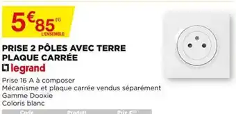 Bricomarché Prise 2 Pôles Avec Terre Plaque Carrée Legrand offre