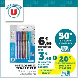Super U 6 STYLOS BILLE EFFACABLES U offre
