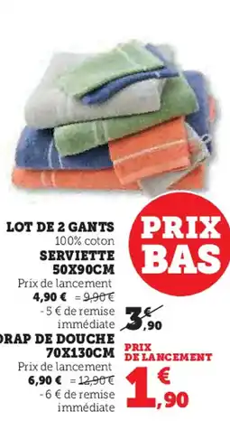 Super U LOT DE 2 GANTS 100% coton SERVIETTE 50X90CM offre