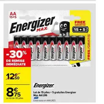 Carrefour Lot De 15 Piles + 5 Gratuites Energizer Max Aa-lr6 offre