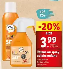 Lidl Cien sun - brume ou spray solaire enfant offre
