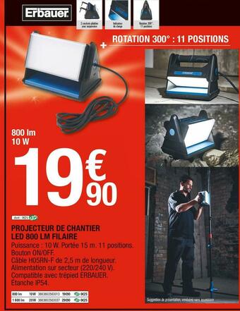 Brico Dépôt Erbauer projecteur de chantier led 800 lm filaire offre