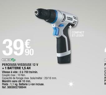 Brico Dépôt Perceuse/visseuse 12 v + 1 batterie 1,5 ah offre
