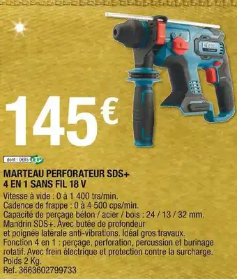 Brico Dépôt Erbauer marteau perforateur sds+ 4 en 1 sans fil 18 v offre