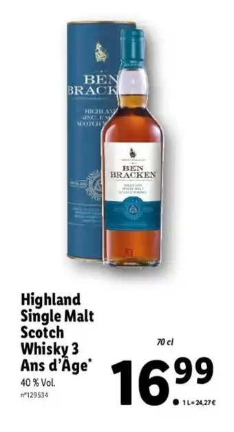 Lidl Highland single malt scotch whisky 3 ans d'âge offre