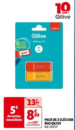 Auchan PACK DE 2 CLÉS USB 8GO QILIVE offre