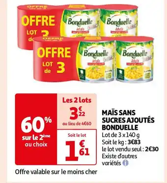 Auchan MAÏS SANS SUCRES AJOUTÉS BONDUELLE offre