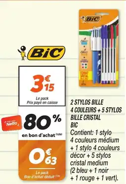 Netto 2 STYLOS BILLE 4 COULEURS+5 STYLOS % BILLE CRISTAL BIC offre