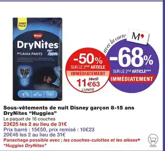 Monoprix Huggies Sous-vêtements de nuit Disney garçon 8-15 ans DryNites offre