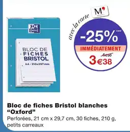 Monoprix Oxford Bloc de fiches Bristol blanches offre