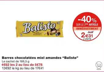 Monoprix Balisto Barres chocolatées miel amandes offre