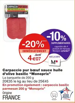 Monoprix Monoprix Carpaccio pur bœuf sauce huile d’olive basilic offre