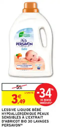 Intermarché Hyper LESSIVE LIQUIDE BÉBÉ HYPOALLERGÉNIQUE PEAUX SENSIBLES À L'EXTRAIT D'ABRICOT BIO 30 LAVAGES PERSAVON offre