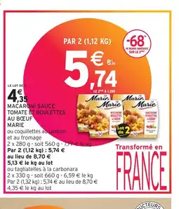 Intermarché MARIE MACARONI SAUCE TOMATE ET BOULETTES AU BŒUF offre