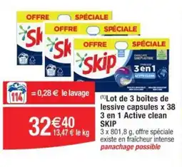 Cora x Carrefour (1)Lot de 3 boîtes de lessive capsules x 38 3 en 1 Active clean SKIP offre