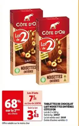 Auchan TABLETTES DE CHOCOLAT LẠIT NOISETTES ENTIÈRES CÔTE D'OR offre