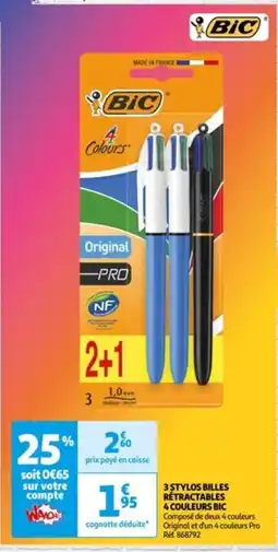 Auchan 3 STYLOS BILLES RÉTRACTABLES 4 COULEURS BIC offre