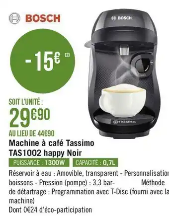 Géant Casino Bosch machine à café tassimo tas1002 happy noir offre