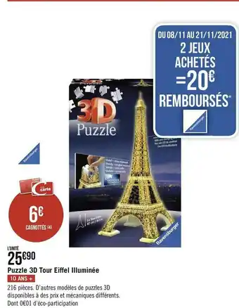 Géant Casino Puzzle 3d tour eiffel illuminée offre