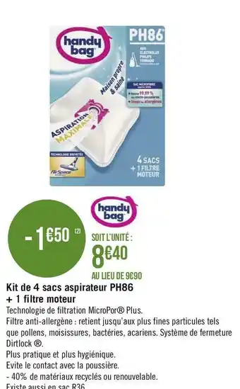 Géant Casino Handy bag kit de 4 sacs aspirateur ph86 + 1 filtre moteur offre