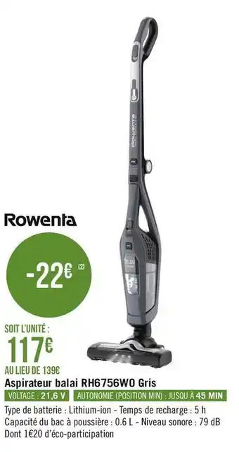 Géant Casino Rowenta aspirateur balai rh6756wo gris offre