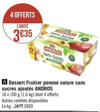 Géant Casino Andros dessert fruitier pomme nature sans sucres ajoutés offre