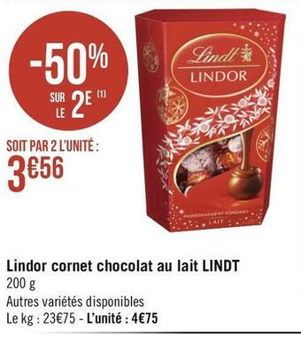Géant Casino Lindt lindor cornet chocolat au lait offre