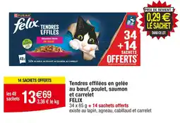Cora x Carrefour Purina Felix Tendres effilées en gelée au boeuf, poulet, saumon et carrelet offre