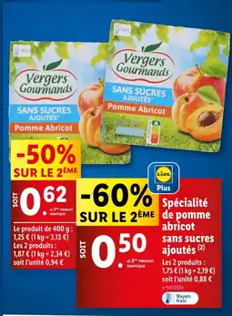 Lidl VERGERS GOURMANDS Spécialité de pomme abricot sans sucres ajoutés offre